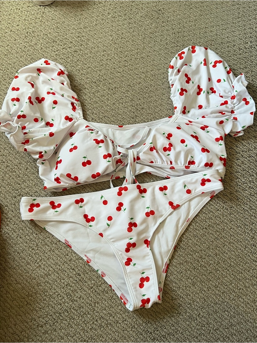 SHEIN White Cherry Print Puff-Sleeve Bikini Set